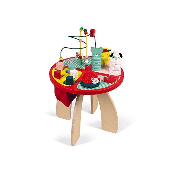 Janod Wooden Activity Table ‘Baby Forest’ – Large Early Learning Centre for Stacking, Dexterity with Maze, Cubes, Gear…