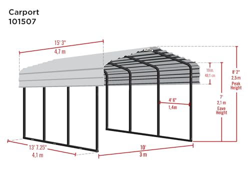 Image of Arrow Carports Galvanized Steel Carport, Compact Car Metal Carport Kit, 10' x 15' x 7', Charcoal