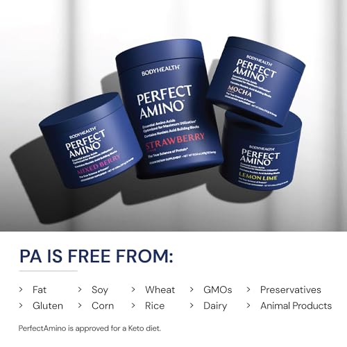 bodyhealth perfectamino powder - bcaa and eaa powder for pre and post workout - amino acid energy drink for men and women to support lean muscle and recovery - strawberry - 30 servings