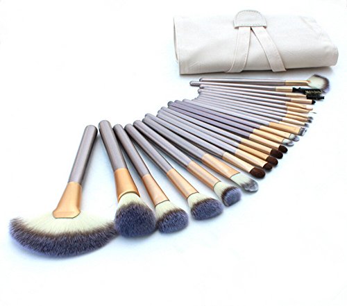 24 Piece Makeup Brushes Set | Horse Hair Professional Kabuki Makeup Brush Set Cosmetics Foundation Makeup Brushes Set Kits with White Cream-colored Case Bag