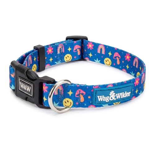 Image of Wag and Wilder Heavy Duty Adjustable Dog Collar for Large Dogs - Quick Release Buckle & Metal D-Ring (Groovy Trails Blue)