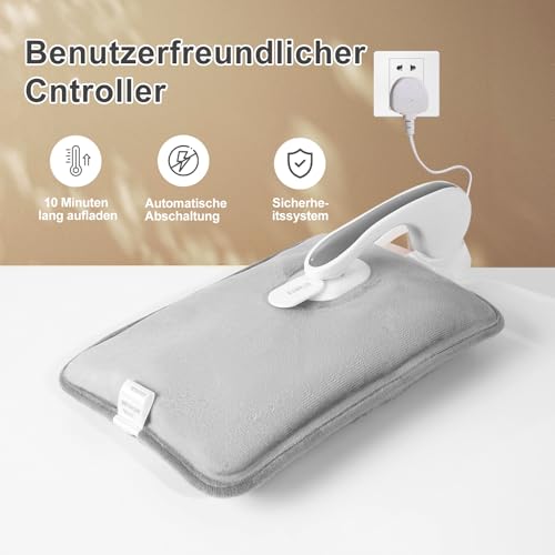 Wärmflasche Elektrisch,Tragbare Elektrische Wärmflasche Mit Weichem Bezug,Wohltuende Wärme an Rücken,Bauch, Nacken (Grau)