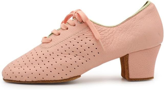 Women's Practice Latin Dance Shoes Mesh Perforated Design Professional Ballroom Dancing Oxford Performance Pink Leather #T1-B