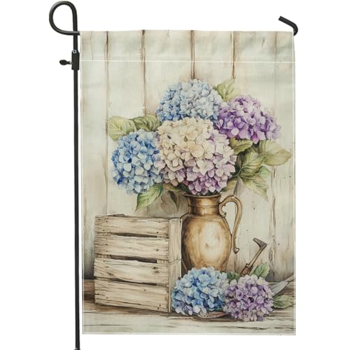 Bandera de jardín de hortensias de primavera y verano, azul violeta, decoración del hogar, bandera de arpillera de doble cara, decoración de césped al aire libre, 12 x 18 pulgadas