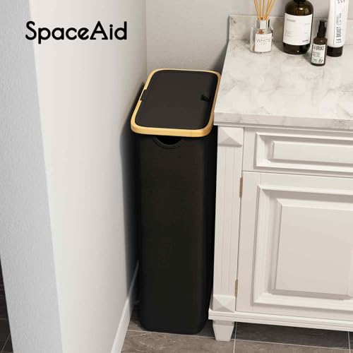 SpaceAid Slim Laundry Hamper with Lid, 65L Narrow Clothes Basket Bin with Bamboo Handles, Skinny Tall Collapsible Hamper for Bedroom, Bathroom, Dorm, Laundry Room - Black
