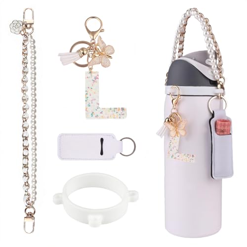 Image of Letter Accessories for Owala Water Bottle 24/32/40oz,Initial Charm、Lipstick Holder and Handle Strap for Owala Accessories and Stanley Cup Accessories (White, L)