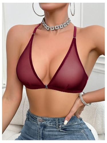 Image of SOLY HUX Women's Sheer Mesh Through Bra Sheer Bralette Front Closure Deep V Neck Wireless Lingerie Sexy Lingerie Bra
