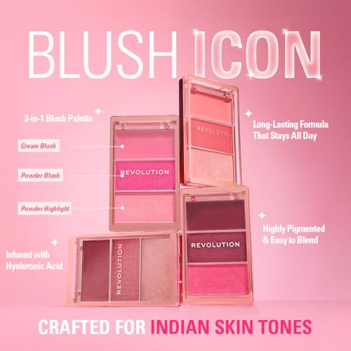 Image of Revolution Blush Icon Palette, Cream & Pressed Powder Blusher, Highly Pigmented, Face Palette, Vegan & Cruelty-Free, 3 Shades, My Cherry Truth, 9.8gm