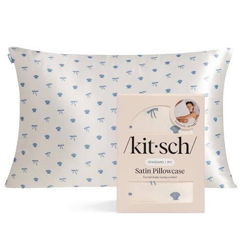Kitsch Satin Pillowcase with Zipper for Hair & Skin - Softer Than Silk Pillow Cases, Smooth Cooling Satin Pillow Case, Wrinkle-Free Pillow Cases Standard Size - Pearlized Cream & Coastal Blue Print
