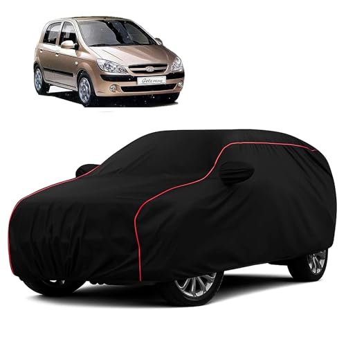 Sulfar 100% Water Resistant Car Body Cover Compatible with Mirror for Hyundai Getz (Triple Stitched, Full Bottom Elastic, Black with Red Piping)
