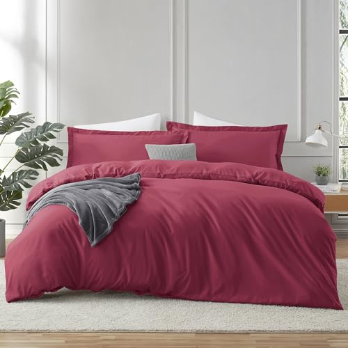 Image of Hearth & Harbor Burgundy Red Duvet Cover with Fitted Sheet King Size | 4 Piece Soft Double Brushed Bedding Set, Button Closure, 1 Duvet Cover 104x90 Inches, 1 Fitted Sheet, 2 Pillow Shams