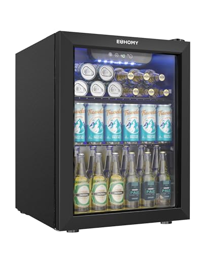 EUHOMY Beverage Refrigerator Cooler - 68 Can Mini Fridge with Glass Door for Soda, Beer, Wine, Small Refrigerator with Digital Temperature Control and Adjustable Shelves for Home Office Bar, 1.7 Cu.ft