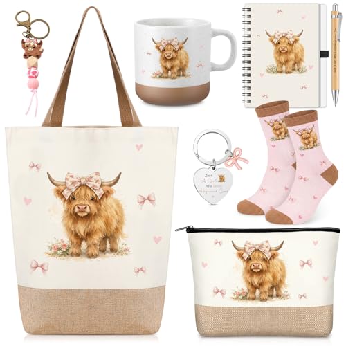 Regalos de vaca de las tierras altas para oficina con calcetines y cuaderno