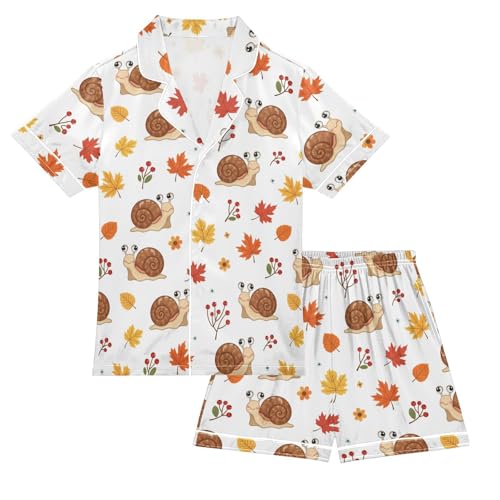 Satin Pajama Sets Short Sleeve Cute Snails with Autumn Leaves Button Down Silky Nightwear 2 Piece PJS 5-14Y