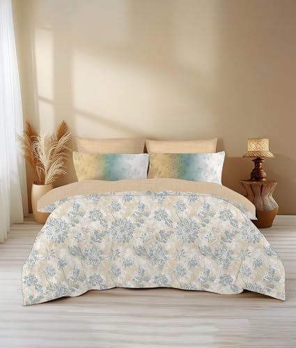 Image of LANE LINEN 400TC Morrison Bloom Super King Size Bedsheet with 4 Pillow Cases | 100% Cotton Digital Print Bedding Set (2.74 M x 2.74 M) | Modern Floral Pattern for Luxurious Comfort (Brown & Blue)