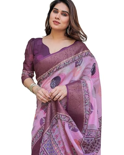 Image of ALMAARI FASHION Floral Printed Cotton Saree for Women with Handloom Zari Weave, Traditional Lightweight Ethnic Saree for Wedding Festive Office Party with Blouse Piece (LINEN 81-90 SH)