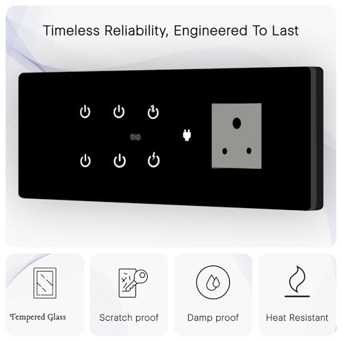 Image of IOTICS Smart Wifi Switch Board: 6 x Switch & 1 x Smart Plug Module. Touch Control, Remote, App Control. Voice Control with Alexa & Assistant. Smart Touch Switch For Home Automation (Black)