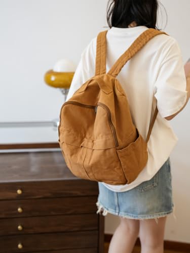 Women's Vintage Style Canvas Backpack Y2K Boho Hippie Grunge Aesthetic Travel Rucksack Lightweight College Basic Daypack (Brown)2