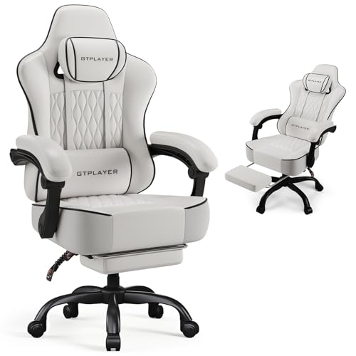 GTPLAYER Big and Tall Gaming Chair with Footrest, Ergonomic Office Desk Chair with 4.4in Thick Cushion and Wide Wingless Seat, Comfortable Leather Computer Chair, Predator Series, White/Black Trim