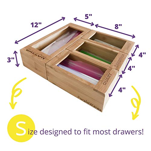 PurpleWares Food Storage Bag Holders Premium Moso Bamboo Kitchen Drawer Ziplock Bag Storage