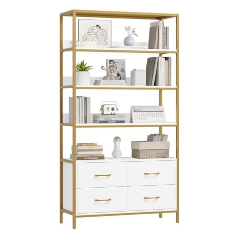 HITHOS 5 Tier Bookshelf with Drawers, 71" Tall Bookcase with Shelves, 35.4" Wide Free Standing Book Storage Shelf, Modern Wood Display Cabinet for Living Room, Study, Home Office Cover