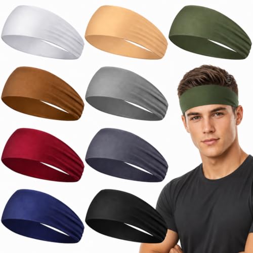 Image of 9 pcs Sweatbands for Men Workout Sport Headbands for Men Camo Headband Sweat Absorbing Headband Wide Sweatband for Head Basketball Football Cycling Running Yoga, 4.7 x 9.8 Inch