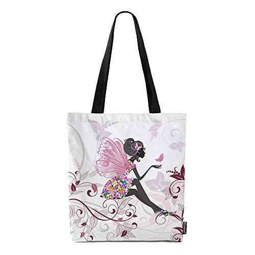 Moslion Flower Fairy Girl Tote Bag Floral Pink Butterfly Leaves Canvas Bag Large Shoulder Handbag Reusable Shopping Bags for Women Girls School 15x16 Inch