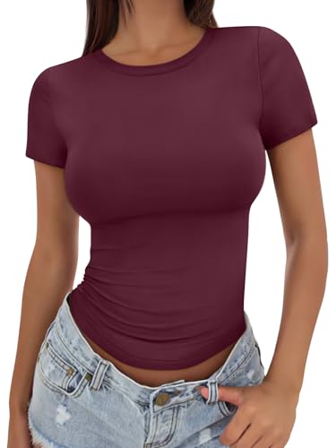 Image of Trendy Queen Womens Basic T Shirts - Stretchy Soft Slim Fit Short Sleeve Y2k Cute Summer Crop Workout Tops