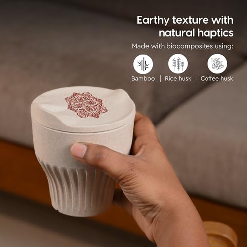 Image of Eha Earth-Friendly Wedding Gifts for Couple| Gifts Made with Rice Husk Biocomposite| One Mandala Printed Mug and Coasters Set of 6, Keychain, Loopac Box | 250 ml |Sand Castle