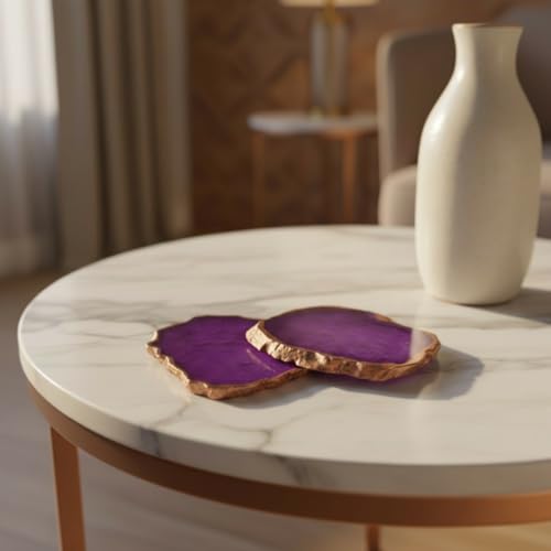 Image of Natural Agate Stone Tea Coasters Set | Premium Stone Coasters for Tea, Coffee & Glass | Heat Resistant Coasters for Dining Table, Office Desk & Home Decor | Pack of 2 | Color -Purple