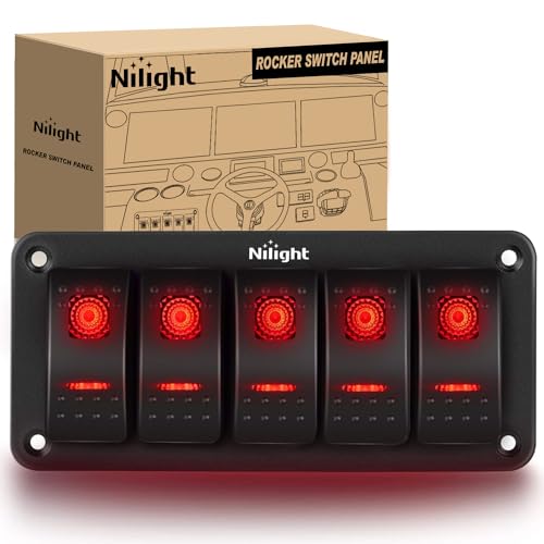 Image of Nilight 5 Gang Rocker Switch Panel SPST On Off Toggle with DIY Label Sticker | 5PIN Electrical 12V /20A 24V /10A Aluminum Plate with Pre-Wired Jumper Wires for LED Light Bar RV Boats 4X4 Cars Red
