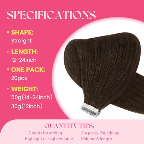 Image of Ve Sunny Hair Tape in Hair Extensions Chocolate Brown | Hair Tape Extensions,18Inch 50g 20Pcs,Silky Smooth,for Daily Wear