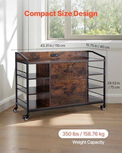 Image of VEVOR 2 Drawers Metal File Cabinet, Lateral Filing Cabinet with Lock and 6 Open Shelves, Wooden Wide Filing Storage Cabinets with Power Strip for Letter, A4, Legal Size File, Easy Assembly, Brown
