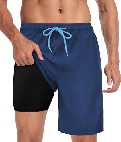 Image of Mens Swim Trunks with Compression Liner 2 in 1 Quick Dry Swimming Shorts Swimwear Bathing Suits with Pockets