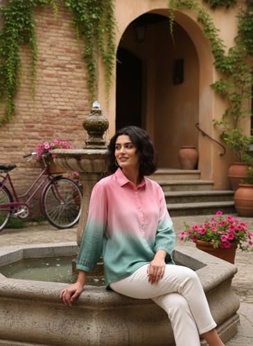 Image of Maaesa Women Handmade Ombre Tie & Dye Rayon Shirt | Relaxed Fit | Lightweight & Breathable | Long Sleeve Button-Down | Classic Collar | Casual & Office Wear