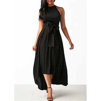 Ownwfeat Women Casual High Waist Sleeveless Dress O-Neck