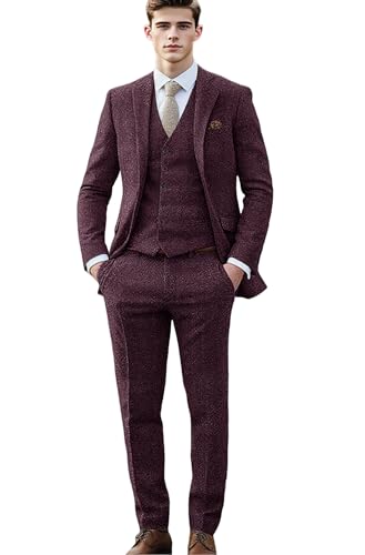 VENNYNG Men's Vintage Tweed Wedding Suits Blazer Vest Pant Set for Office Prom Casaul 3 Piece Groomman Wear