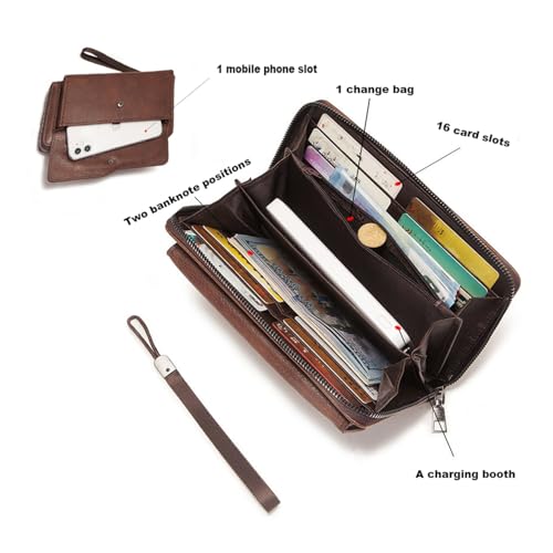 Large Wallet Clutch Long Leather Phone Purse ，2-Fold Design, Multiple Card Slots, Wristle Money Organizers with Coin Purse and Smooth Zipper（dark brown4