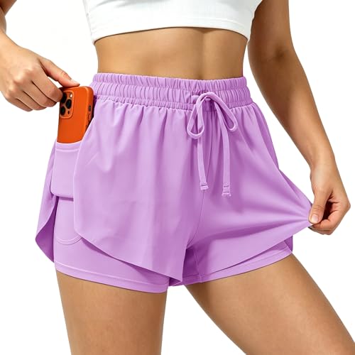 TIMEPAY Womens Athletic Shorts High Waisted 2 in 1 Flowy Workout Skorts with Liner Pockets for Running Tennis Yoga Gym Purple