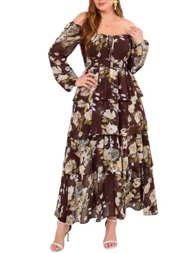 Image of EYWOL Plus Size Long Sleeve Floral Tiered Semi Formal Wedding Guest Dress | Chiffon Maxi, On or Off Shoulder, Flowy A-Line, Side Slit, Elastic Back Waist, Cocktail, Dinner Party, Engagement, Prom, Gala
