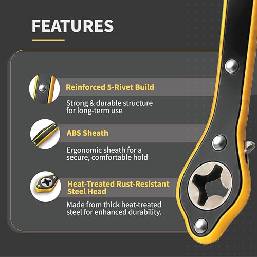 Image of Amazon Basics Labor Saving 13 Inch Car Jack Ratchet Wrench| 360 Forward & Reverse Knob| Conversion Head Included | Curve Handle Car Lift Tool For Scissors Jack | Heat-Treated Steel Ratchet Lug Wrench