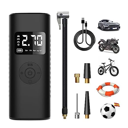 AWESAFE 7800mAh Mini Compresor Aire Portatil 150PSI &Power Bank, Iinflador Ruedas Coche con Pantalla LCD Digital y Linterna LED SOS, Bomba de Aire Bicicletas, Scooters, Moto, Coche, Pelotas