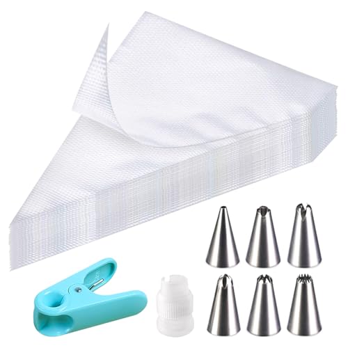 soodyoow 100 Stück Spritzbeutel Einweg Set, mit 6 verschiedenen Edelstahl Spritztüllen, 1 Kuchen Kupplung und 1 Spritzbeutel Klammern, für Dekorieren Von Gebäck, Torten Geeignet, Keksen, Cupcakes