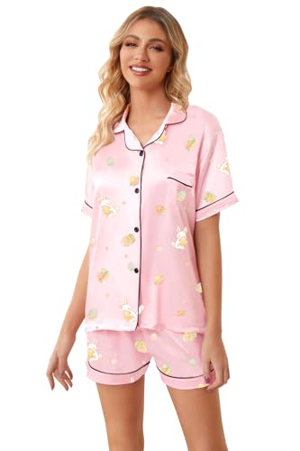 Image of Umeyda Women & Girls Pajamas Set, Soft Satin Lightweight Silk Button-Down Top with Shorts 2 Piece PJS for Mom Boys Kids Gifts