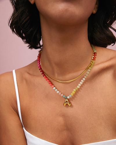 Badu Initial A-Z Colorful Beaded Gemstone Necklaces for Women 14K Gold Letter Pendant Necklace Natural Stone Summer Beach Handmade Jewelry Gift Trendy Necklaces4