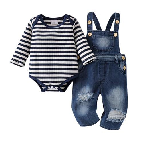 Image of ODIMAME Baby Boy Clothes Newborn Suspender Overalls Ripped Jeans Long Sleeve Striped Romper Fall Winter Outfits 0-18 Months