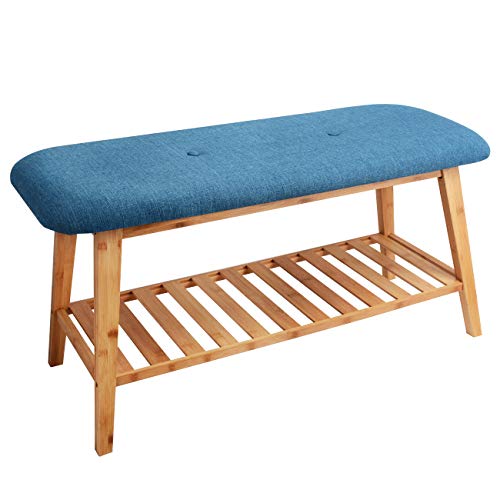 ZRI Bamboo Sitzbank Schuhbank Schuhregal gepolstert aus Holz mit Schuhablage Blau 90 cm angenehm bei Schuhe Anziehen Cover