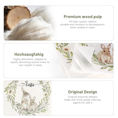40 Stück Schlappohrenhase Servietten Ostern,3-Lagig Osterservietten Nostalgie 33x33cm Papierservietten Oster Easter Napkins für Ostern Tischdeko Frühlings Party Dekoration Oster Tischdekoration