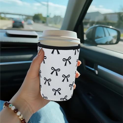 Image of Reusable Insulated Sleeve for Iced Coffee Cup, Coffee Neoprene Sleeve for Cold & Hot Drinks, Beverage Holder for Iced Coffee (Black Bow, Small: 16-18oz)