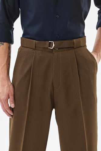 Image of SNITCH Men Trousers | Relaxed Fit Ankle Length with Pleated Front & Turned-Up Hem | Polyester Blend Twill Weave for Casual & Street Wear